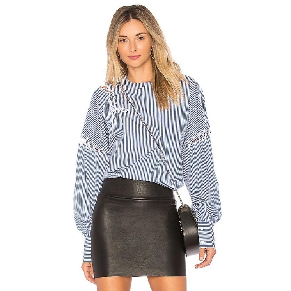 TIBI Crewneck Long-sleeve Striped Cotton Top With Lacing / XS / Oversized